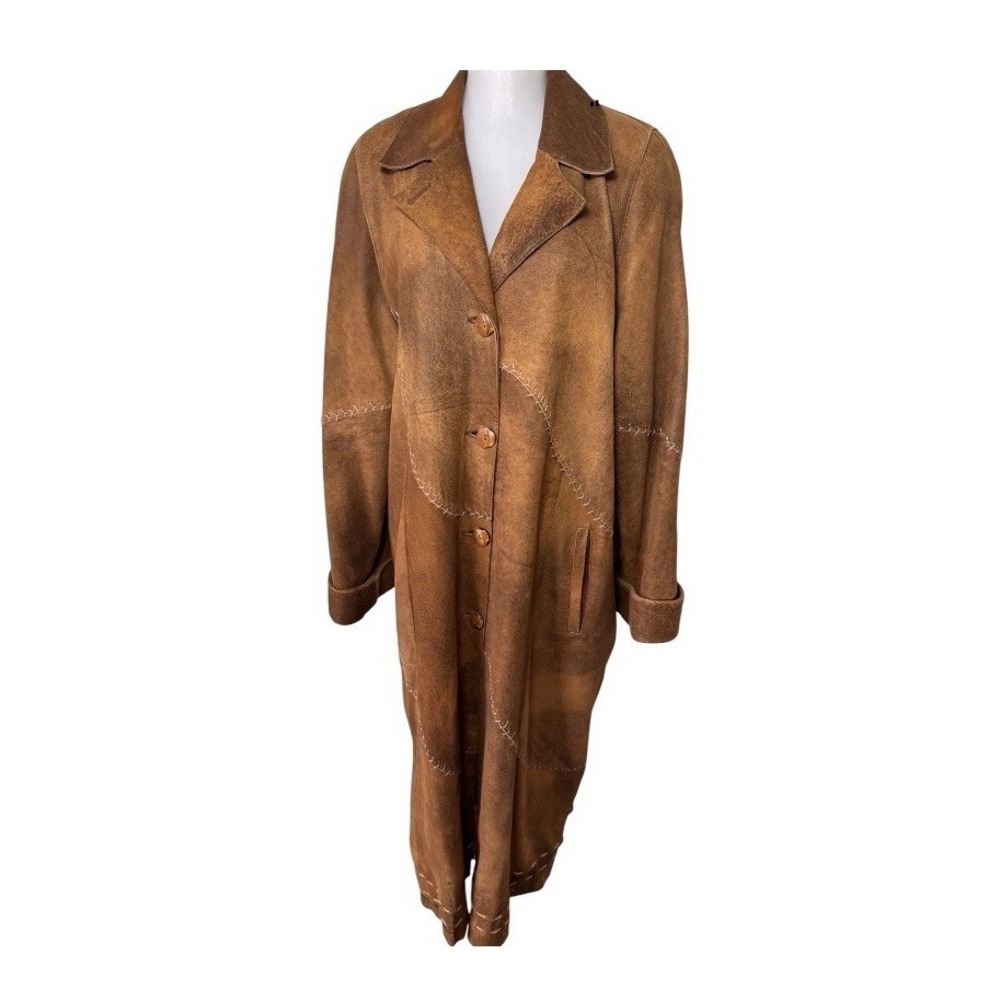 VTG Faracci Genuine Leather Patchwork Coat Long Boho Womens Size 2XL Brown